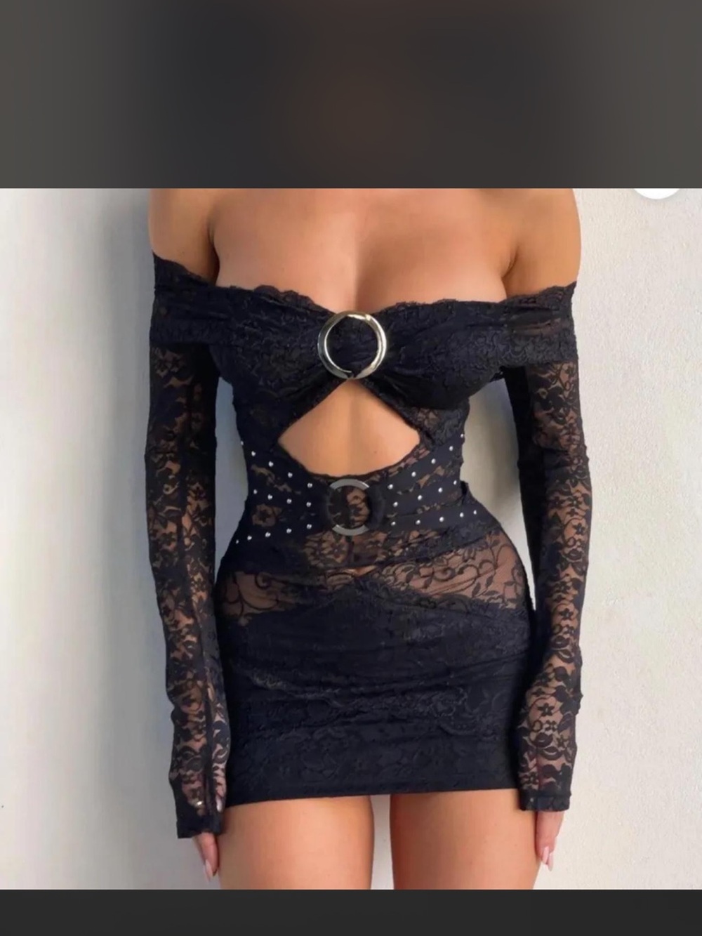 Off-Shoulder Black Lace Cutout Mini Dress with Decorative Rings